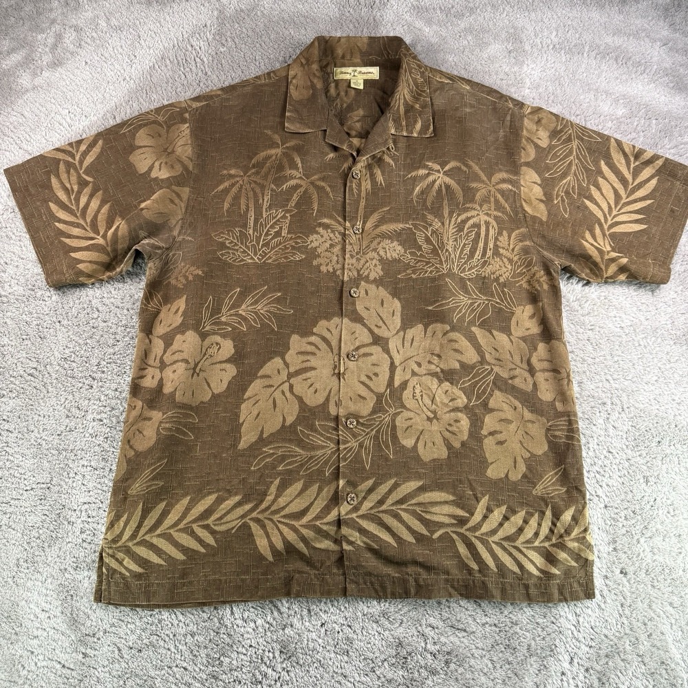 Tommy Bahama Mens Medium Brown 100% Silk Tropical Palm Leaf Camp Hawaiian Shirt